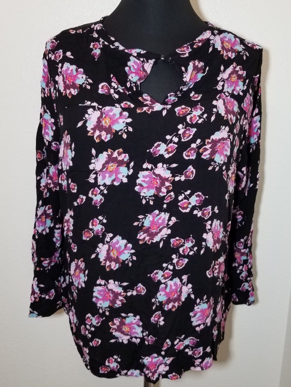 Lane Bryant Womens Sz 22 Black Floral Bell Sleeve Top Boho Peasant Retro Hippie